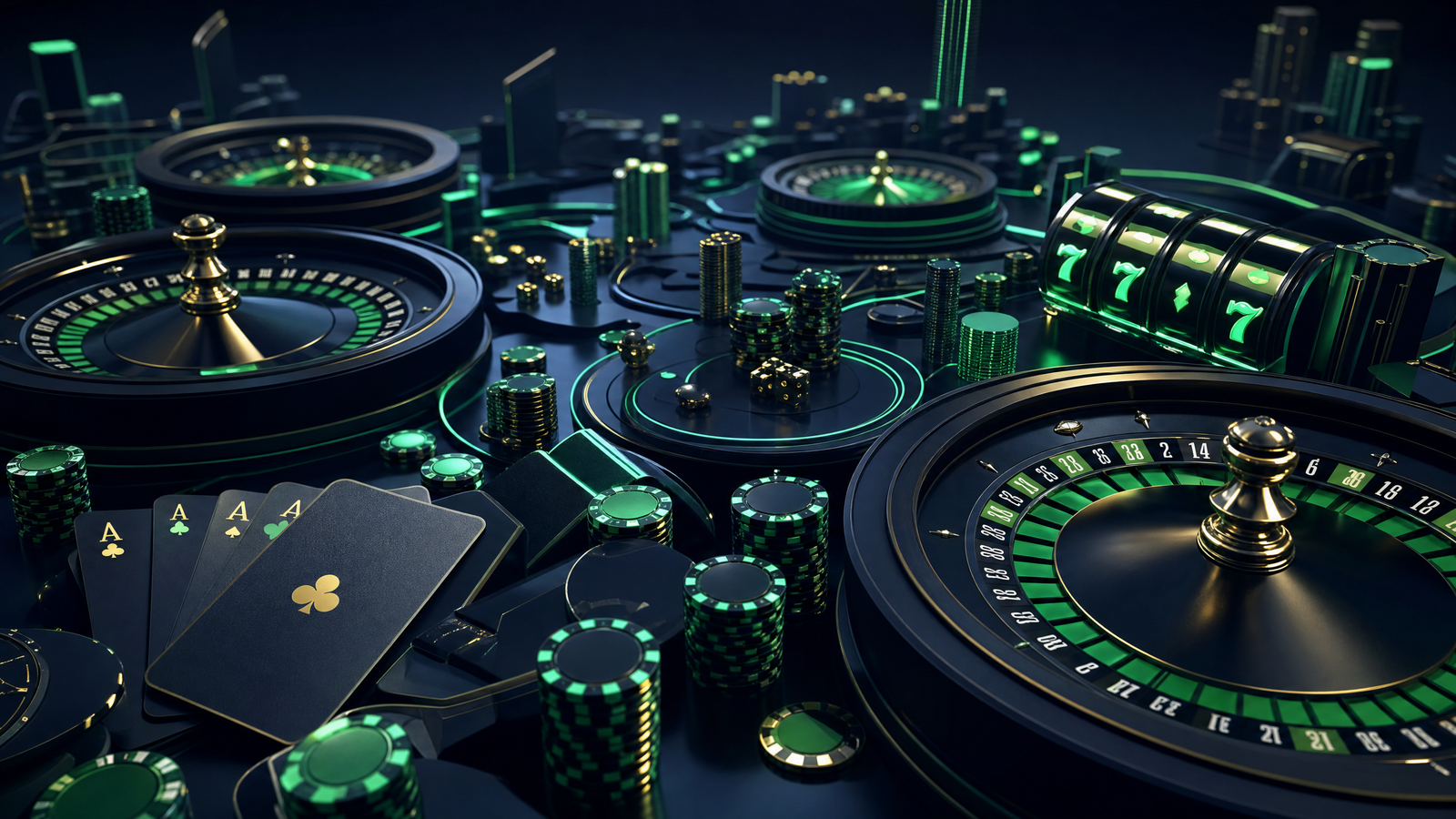 Stylised premium casino floor with roulette wheels and glowing card fans — NineWin closing banner