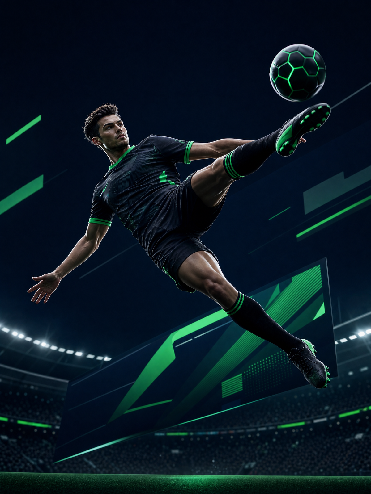 Stylized footballer mid-volley against a stadium backdrop — NineWin sportsbook