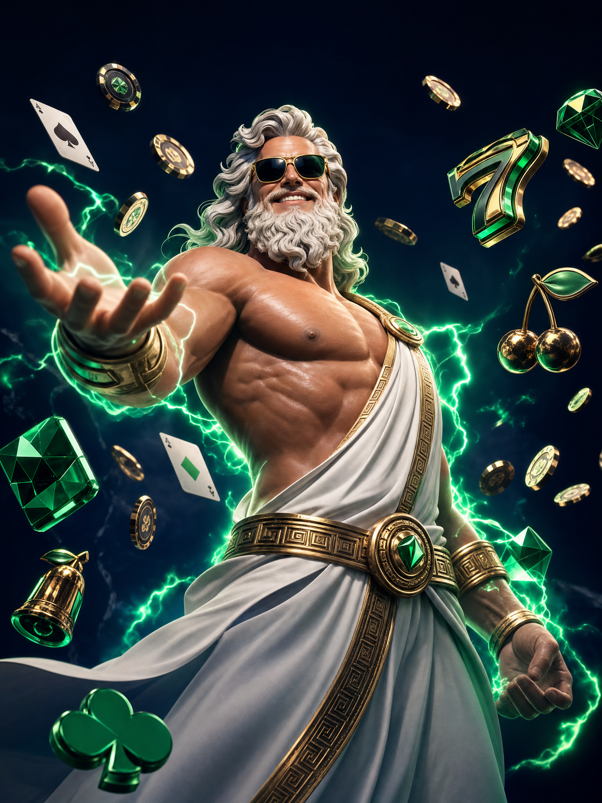 Stylized Zeus-like figure surrounded by casino coins and cards — NineWin games hero