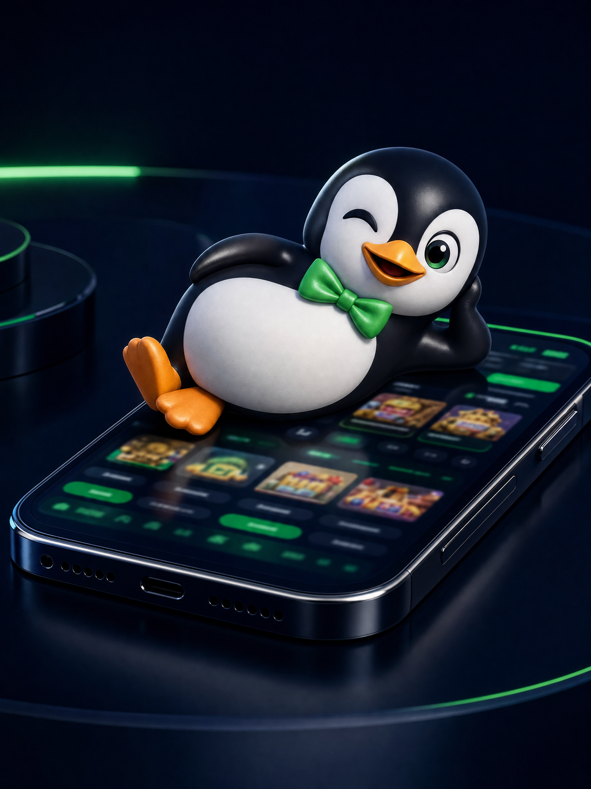 NineWin mobile casino — 3D penguin mascot in bow tie perched on a giant smartphone showing a blurred slot game