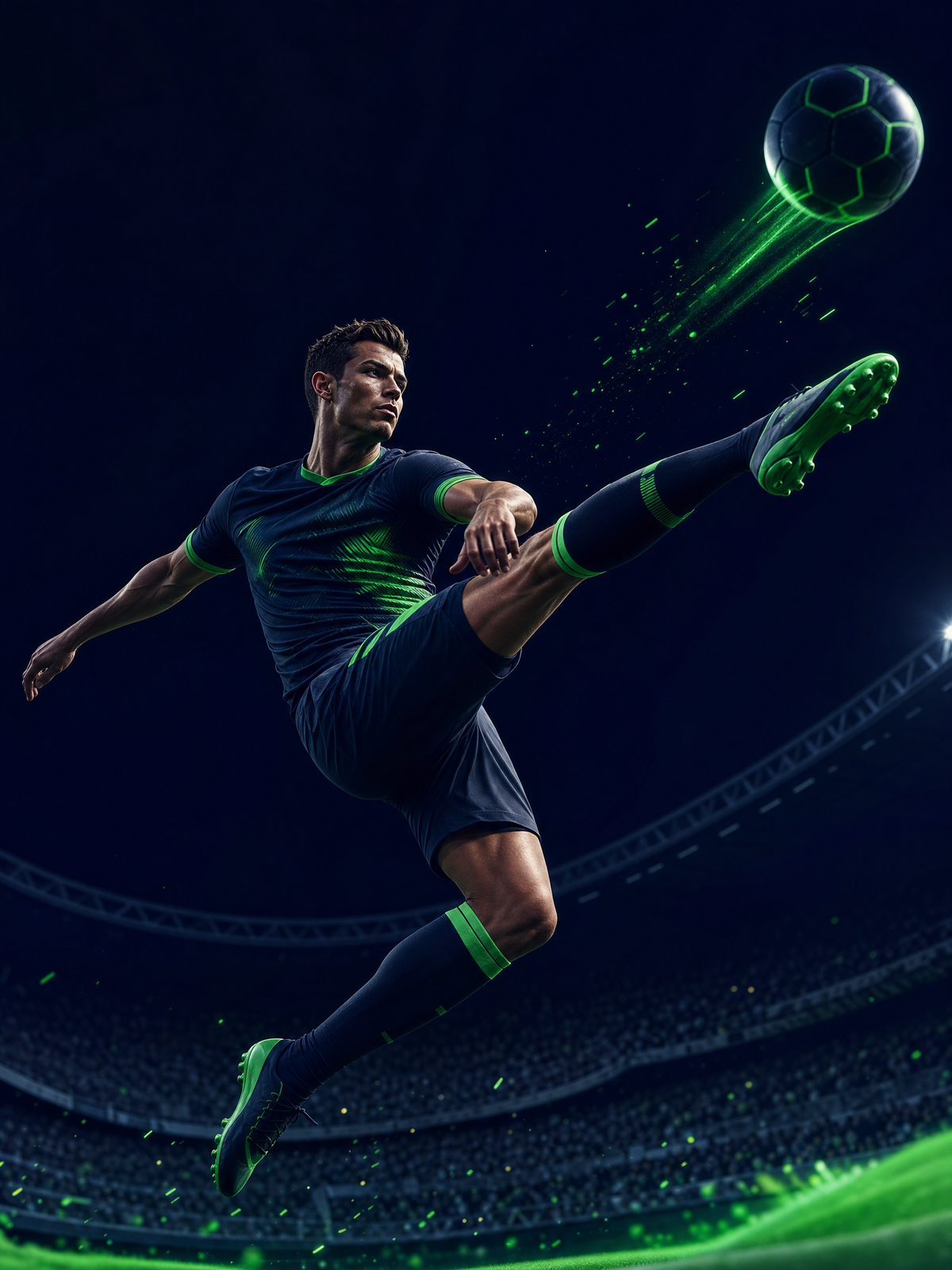 NineWin sportsbook — stylized 3D footballer mid-volley in a premium navy and green branded environment
