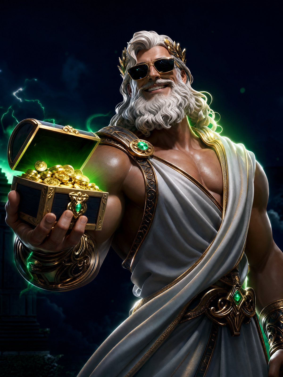 NineWin Casino hero — stylized 3D deity character holding a gold coin chest on a deep navy brand-color backdrop