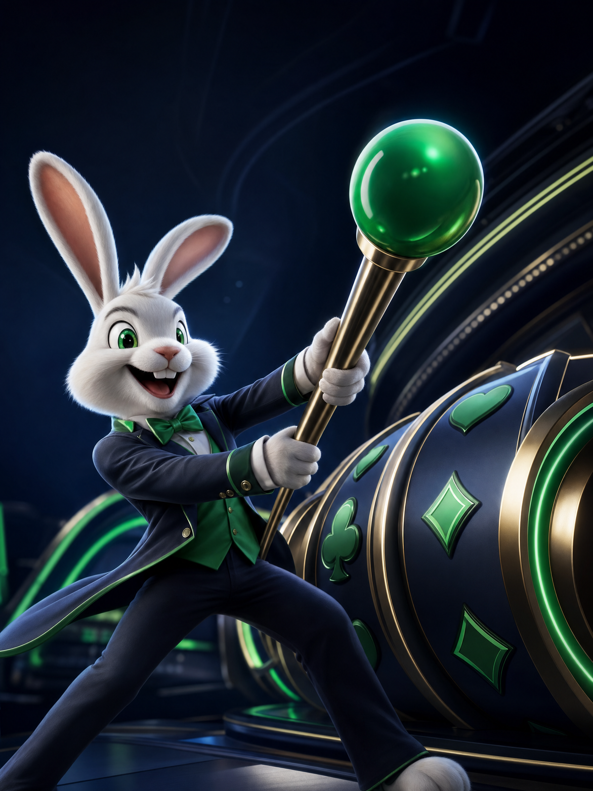 NineWin free spins — lively rabbit mascot pulling an oversized slot lever on a deep-navy premium casino backdrop