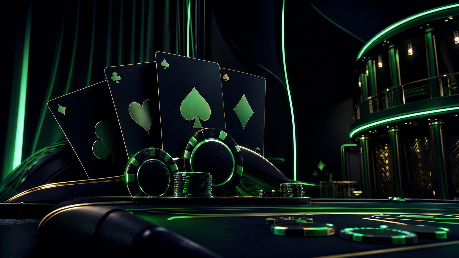 NineWin casino banner — dramatic dark-navy premium casino environment with green accent lighting