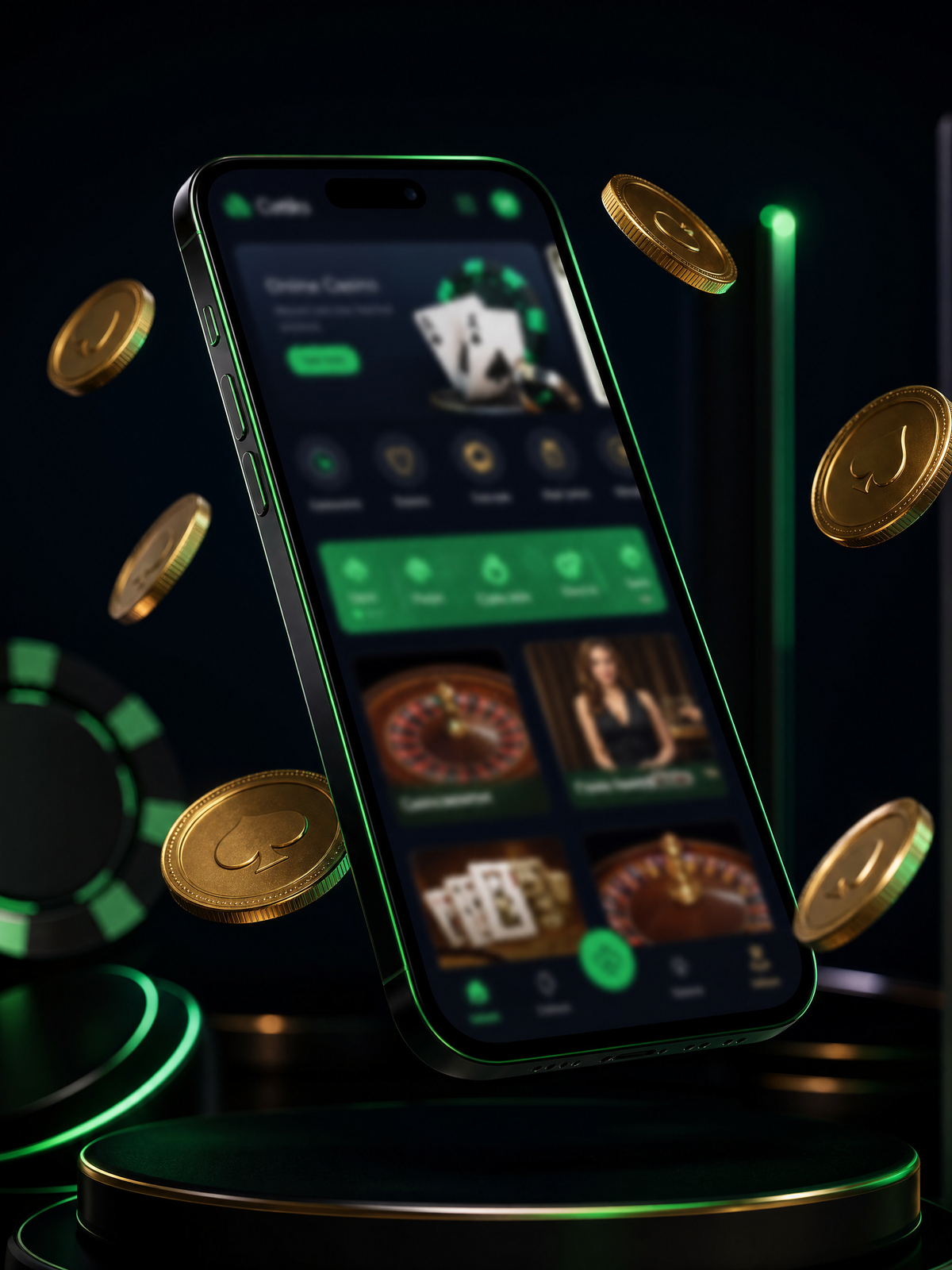 NineWin mobile casino — smartphone with casino lobby on screen, coins orbiting